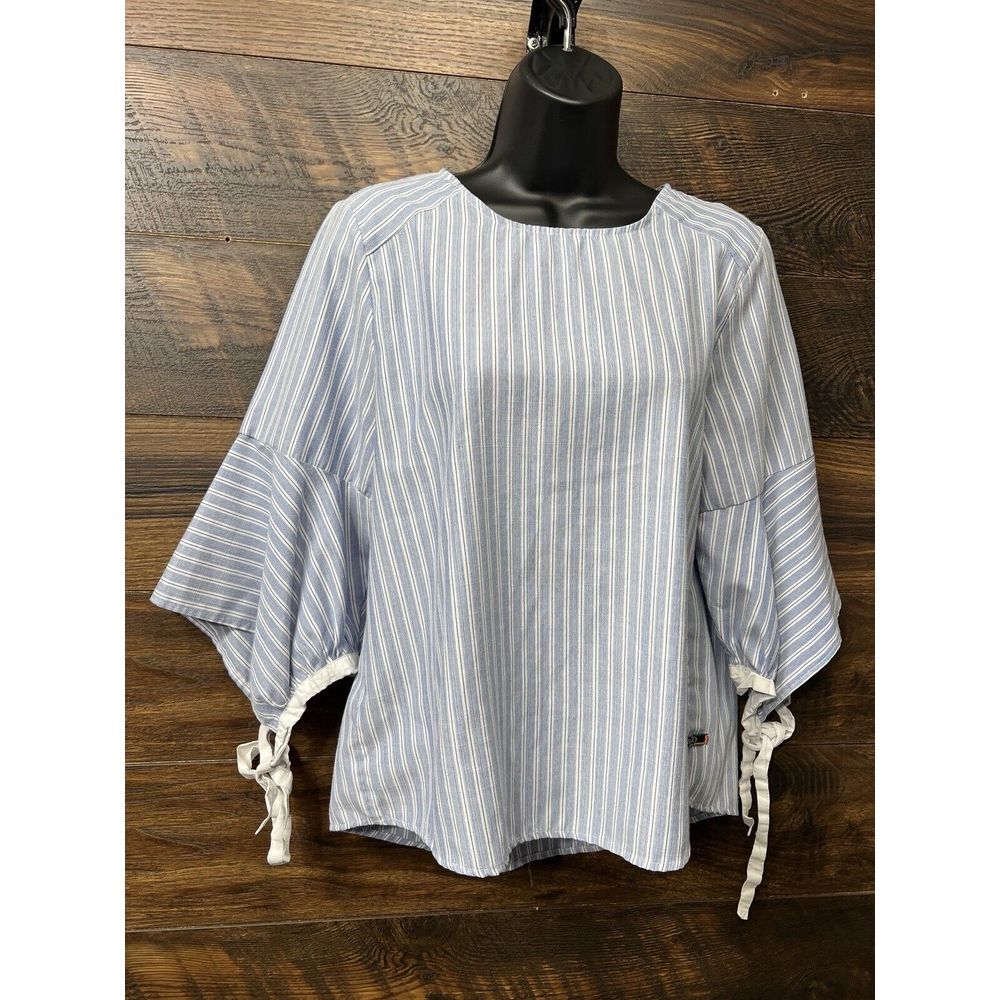 BAYO Women‎ Top Blue White Striped Wide 3/4 Tie Sleeve Blouse Shirt Med Tunic